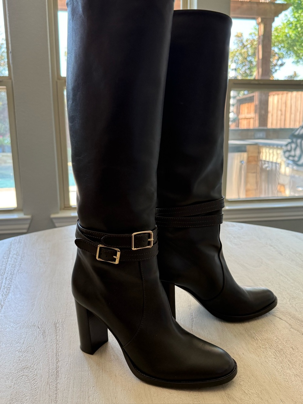 Gianvito Rossi Black Leather Knee-High Heel Boots with Buckle Strap